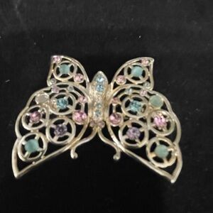 Vintage Butterfly with Pink and Blue Rhinestones and Green Moonstones. 2in